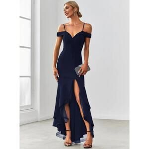 NWT ALISA PAN Mermaid Gown Dress Navy Blue L Evening Prom Party Off The Shoulder